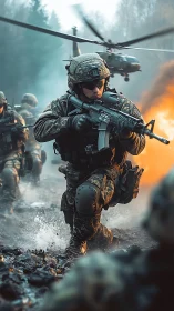 Soldier advancing through combat zone with helicopter support.