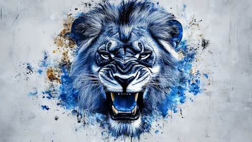 Blue lion head roars within splattered abstract backdrop