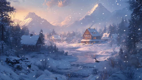 Snowlit cabin glow under towering twilight mountainscape.
