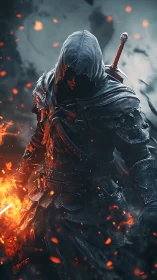 Hooded armored figure stands amid embers with sword drawn