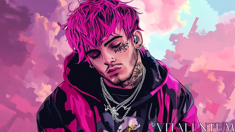 Digital portrait depicts pink haired subject in hooded jacket