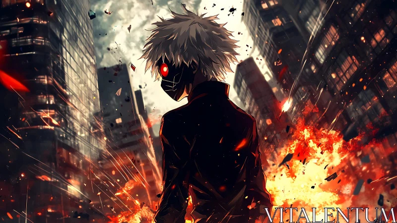 Masked antihero surveys burning cyber city skyline