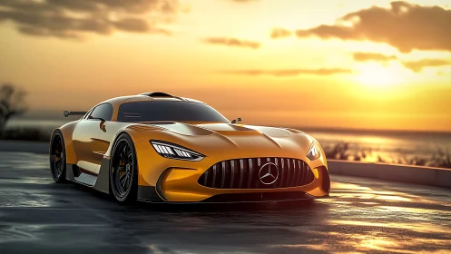 Golden sunset supercar poised at the edge of the coast.