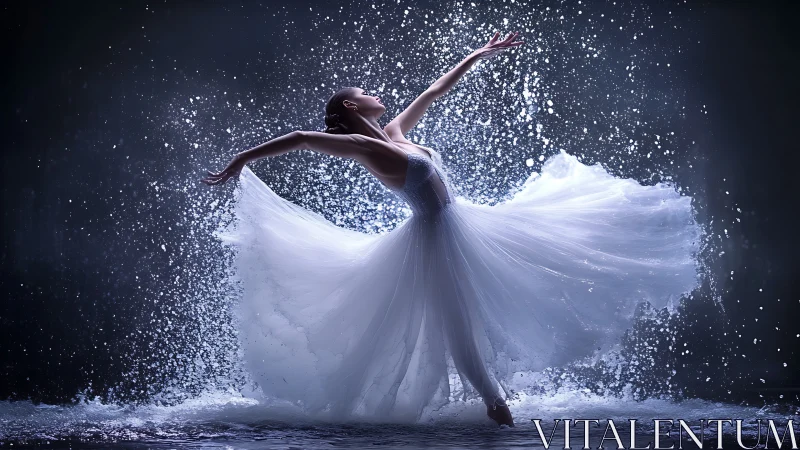 Ballet dancer extends arms while water splashes around