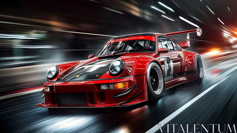 Red race car powers through a glowing night track in style