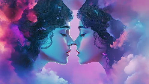 Dual neon portraits merge within iridescent vapor clouds.