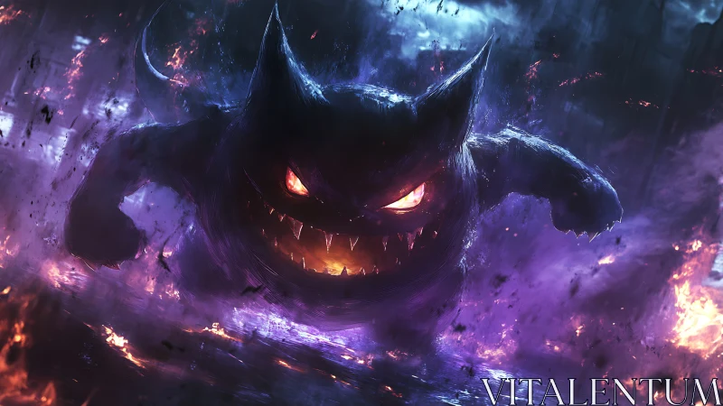 Spectral creature charges through purple flames in dynamic motion