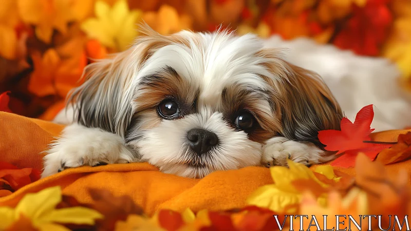 Shih tzu puppy resting amid vivid autumn foliage bokeh field
