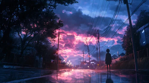 Rain-soaked evening street rewrites the sky in neon dusk
