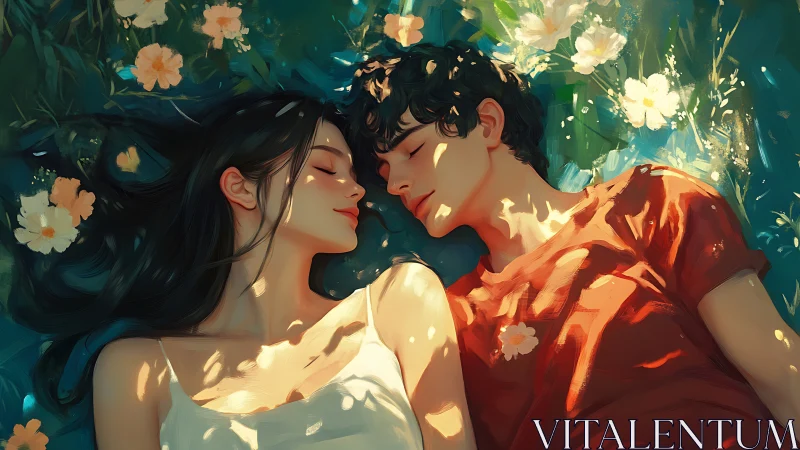 Intimate Moment: Two figures embrace among sun-dappled flowers.