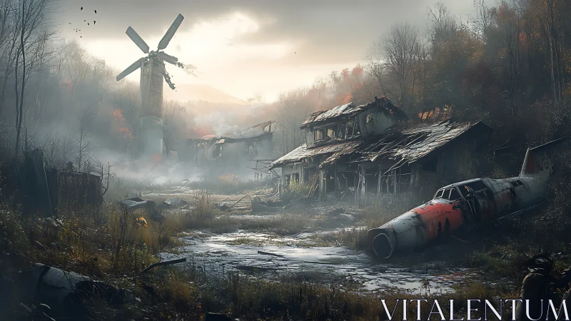 Derelict jet and windmill dominate misty rural ruins