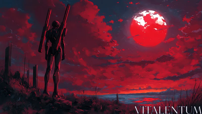 Solitary mech silhouette overlooks red moonlit seascape