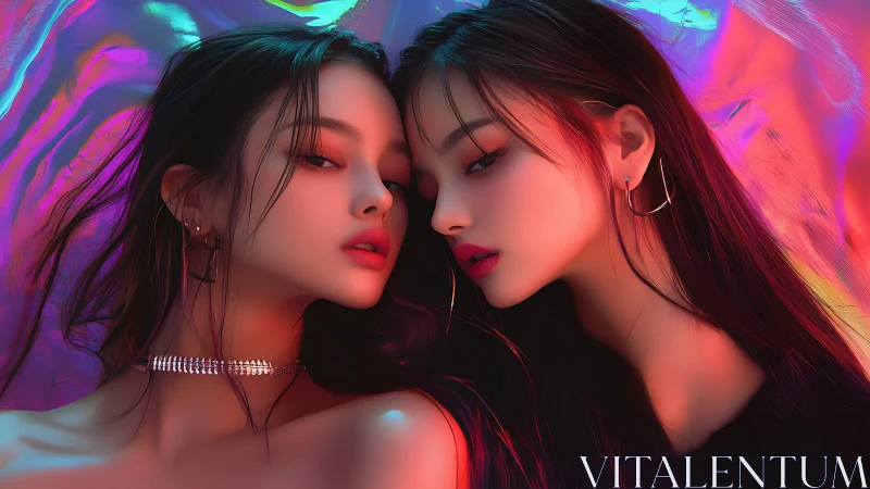 Neon mirror muses in iridescent dreamlight embrace.