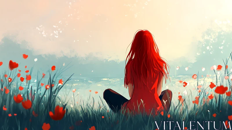 Figure with red hair seated by lake amid red flowers.