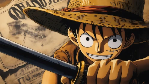 Straw hat swordsman lunges from sunburned wanted poster backdrop.