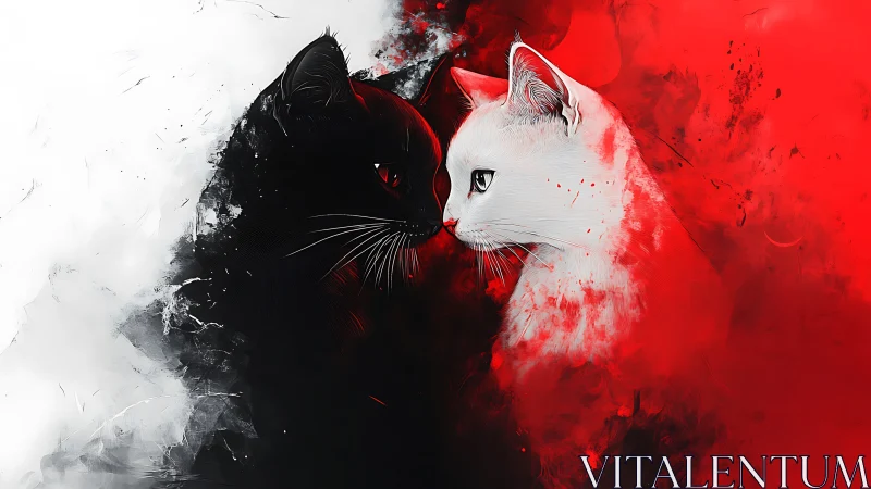 Black and White Cats Face Off in Ethereal Red Mist.