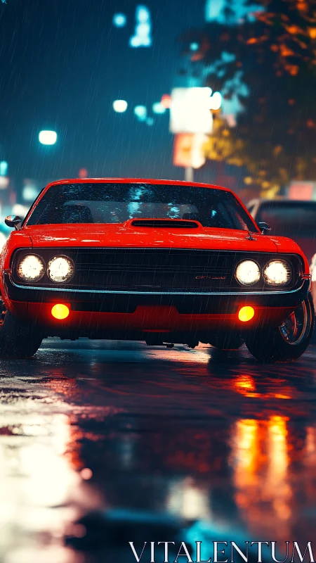 Retro muscle car under neon rain with cinematic depth of field.