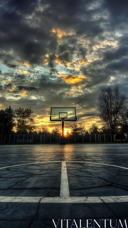 Outdoor basketball hoop stands against dramatic sunset sky.