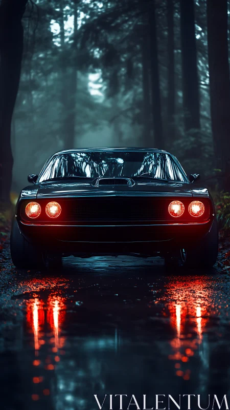 Retro muscle car with red headlamps in wet misty forest corridor.