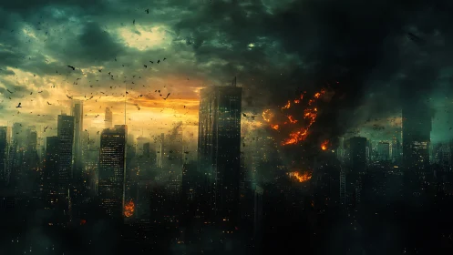 Burning high‑rise skyline dissolves into apocalyptic storm