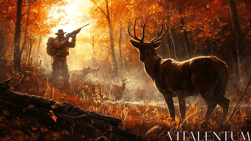 Hunter confronts stag amid blazing autumn forest light.