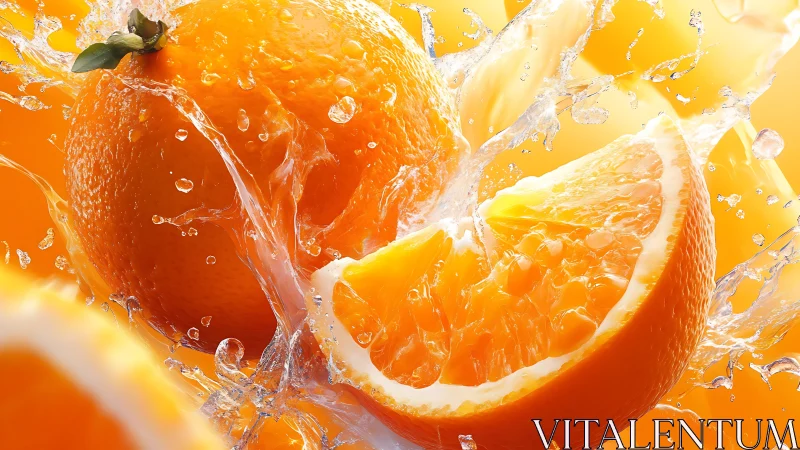 Juicy orange slices splashing in clear water close up.