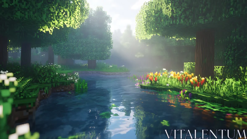 Voxel forest river glows with soft volumetric sunlight.