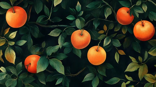 Orange fruit on leafy branches against dark background.
