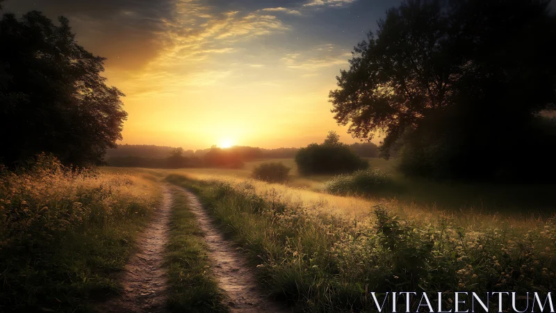 Country dirt path through fields under warm sunset light.