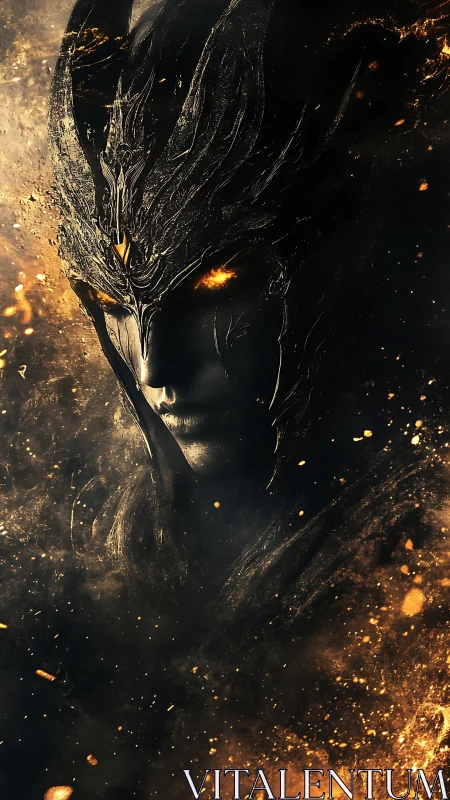 Armored humanoid figure emerges from dark, embered haze