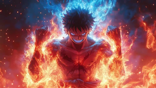 Bicolor elemental fighter framed by symmetric thermal flames.