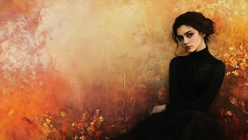 Melancholic woman in black dress amid textured autumnal backdrop