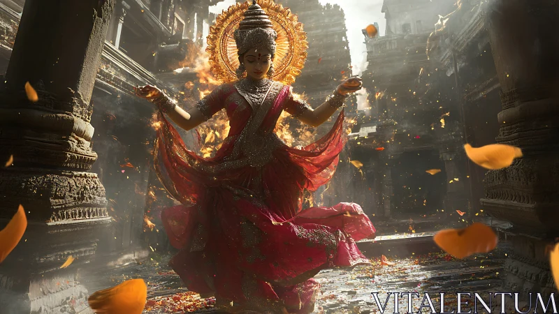 Goddess-like dancer moves through burning stone temple courtyard