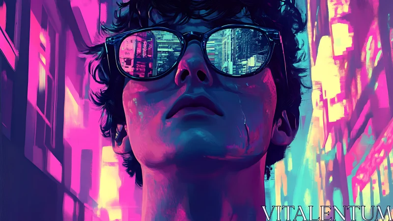 Neon dreamwalker in mirrored city glasses at dusk.