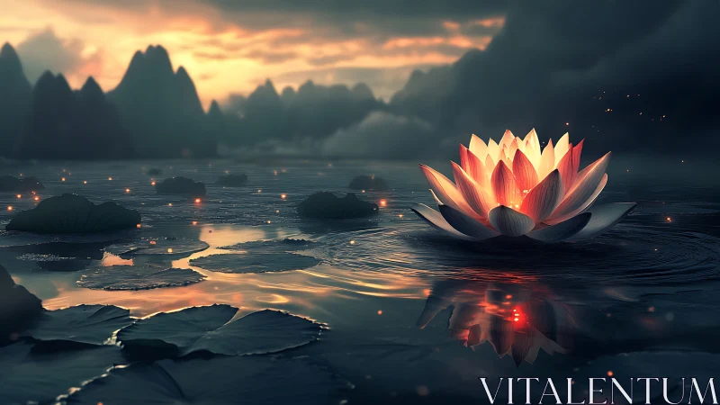 Glowing lotus illuminates misty mountain lake at dusk