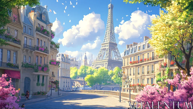 Sunlit Paris street with Eiffel Tower and spring blossoms.