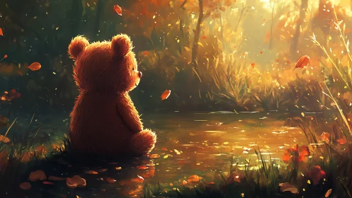 Stuffed bear by reflective pond in autumn woodland light.