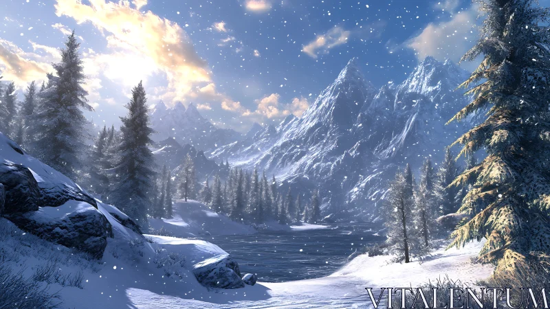 Winter crown of crystal peaks over a spellbound river.