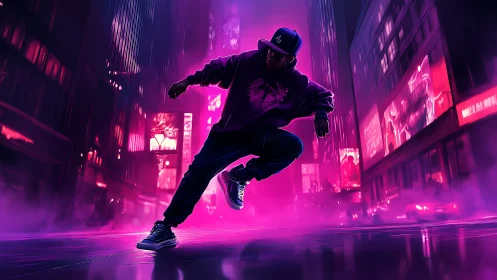 Neon city street dancer frozen in an electric midnight move.