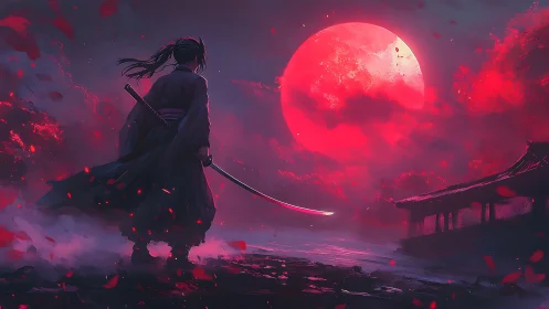 Lone katana wielder under hyper-saturated crimson moonscape.