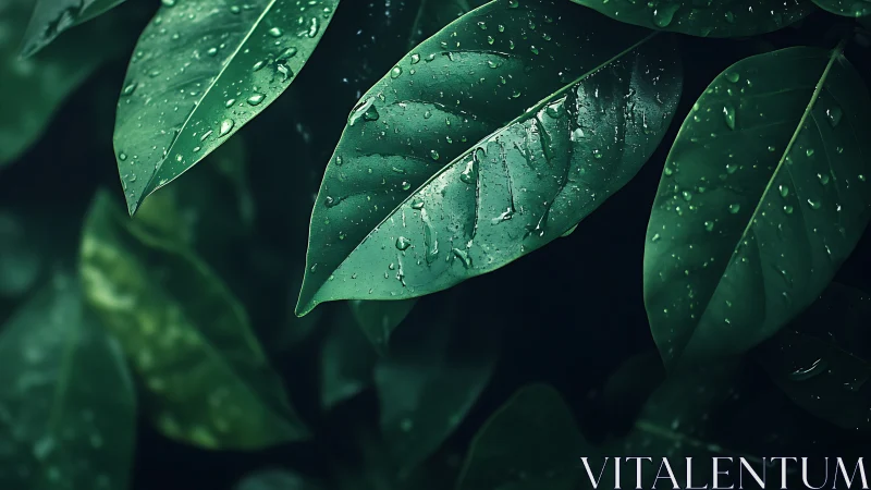 Rain-kissed green leaves glow softly against deep shadowed foliage.