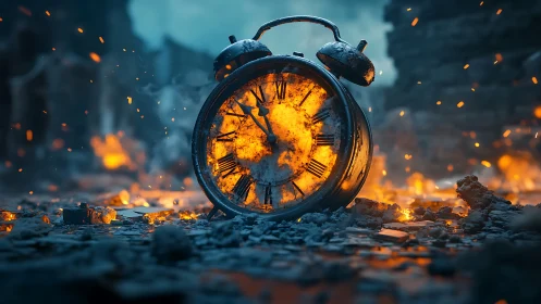Burning clock lies in ruins as fiery embers illuminate time.