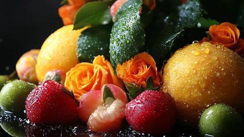 Dewlit citrus and roses mingle with jewel-bright summer fruit.