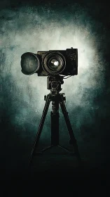 Vintage field camera stands against textured teal backdrop