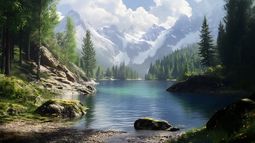 Mountain lake landscape with pine forest and diffused light.