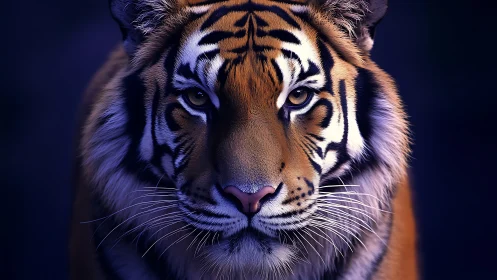 Front-facing tiger portrait under low key blue lighting.