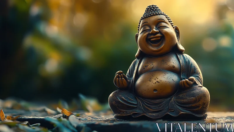 Laughing Buddha bronze statue rests in warm garden light