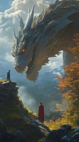 Large dragon confronts two cloaked figures in a valley