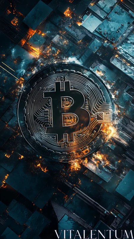 Bitcoin symbol on digital circuit board with glowing sparks.