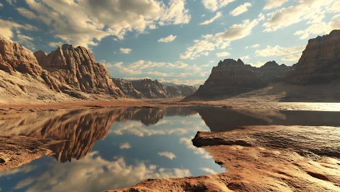 Golden desert canyon mirrored in a tranquil still lake.